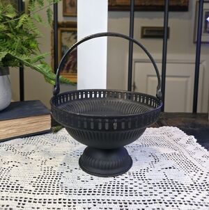 Antique Style Solid Brass Black Matte Footed Basket w/ Handle | Made in India